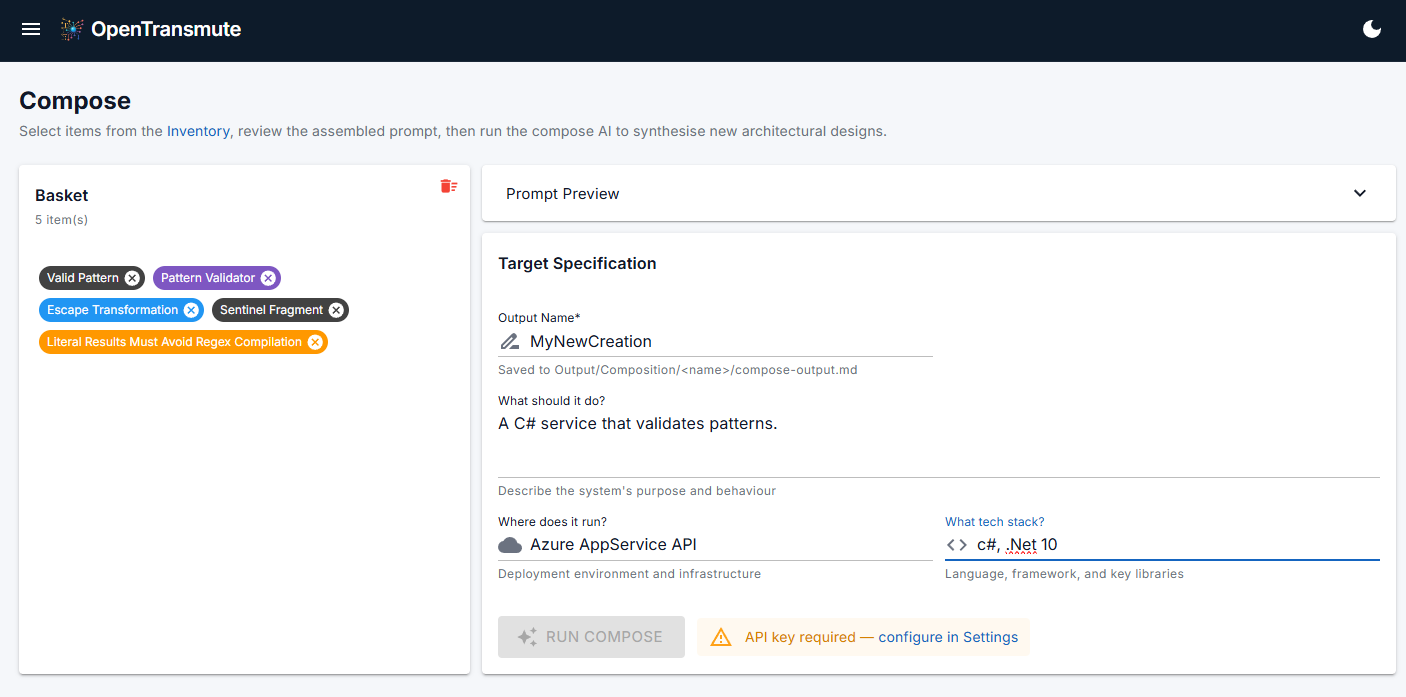 Compose screen — basket of selected items ready to synthesise a new architectural design