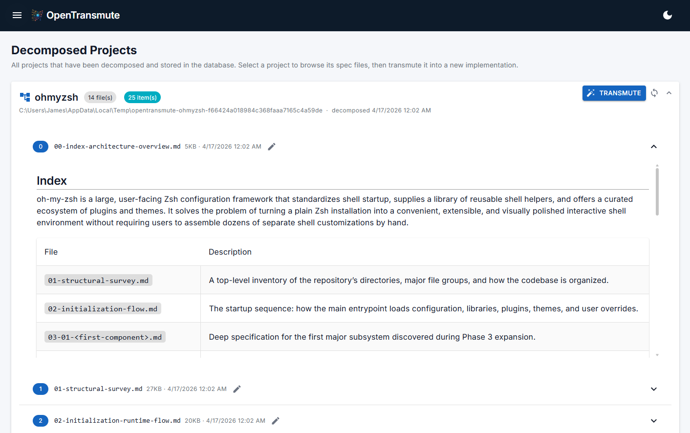 Decompose output files — the eight specification documents produced by a run
