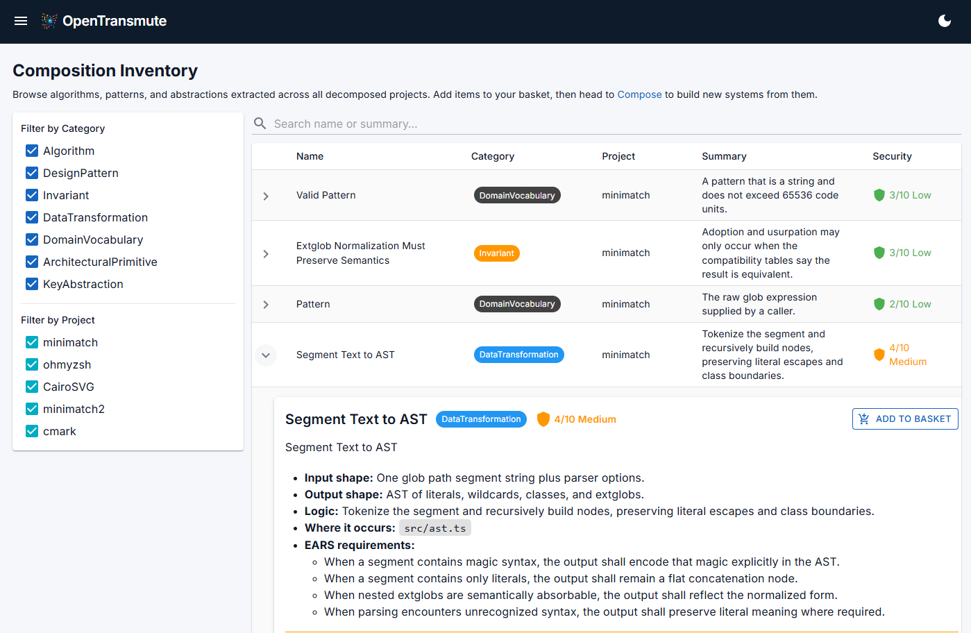 Inventory screen — browsable catalogue of algorithms, patterns, and abstractions with security scores